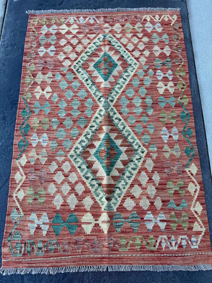 3x5 (91x152) Handmade Afghan Kilim Rug | Brick Red Teal Aqua Denim Blue Beige Tan Sage Mint Green Cream Purple | Wool Geometric Flatweave