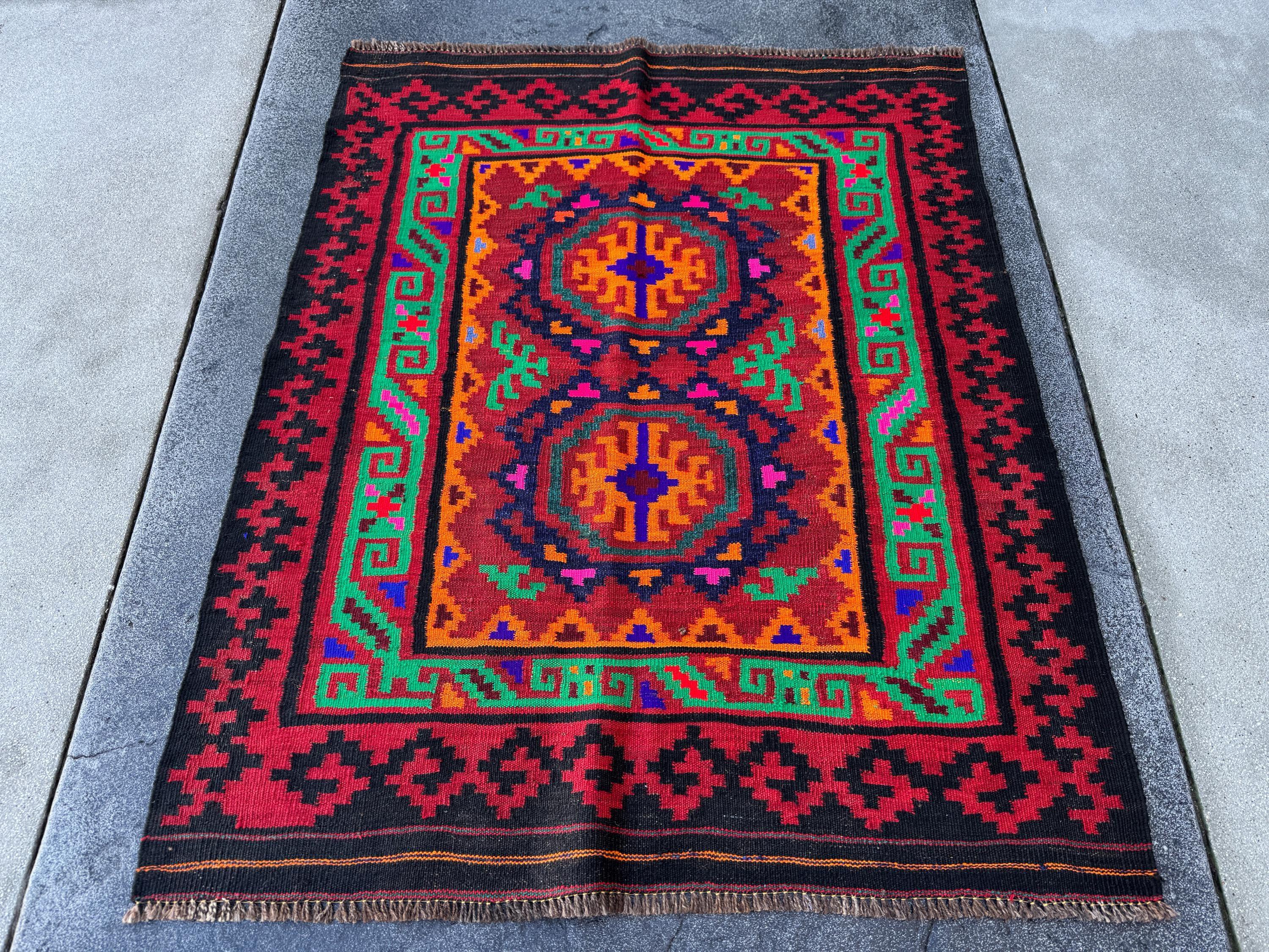 3x4 (91x121) Handmade Afghan Kilim Rug | Black Crimson Red Fuchsia Pink Orange Royal Navy Midnight Blue Forest Emerald Green Burgundy | Wool