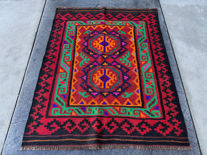 3x4 (91x121) Handmade Afghan Kilim Rug | Black Crimson Red Fuchsia Pink Orange Royal Navy Midnight Blue Forest Emerald Green Burgundy | Wool