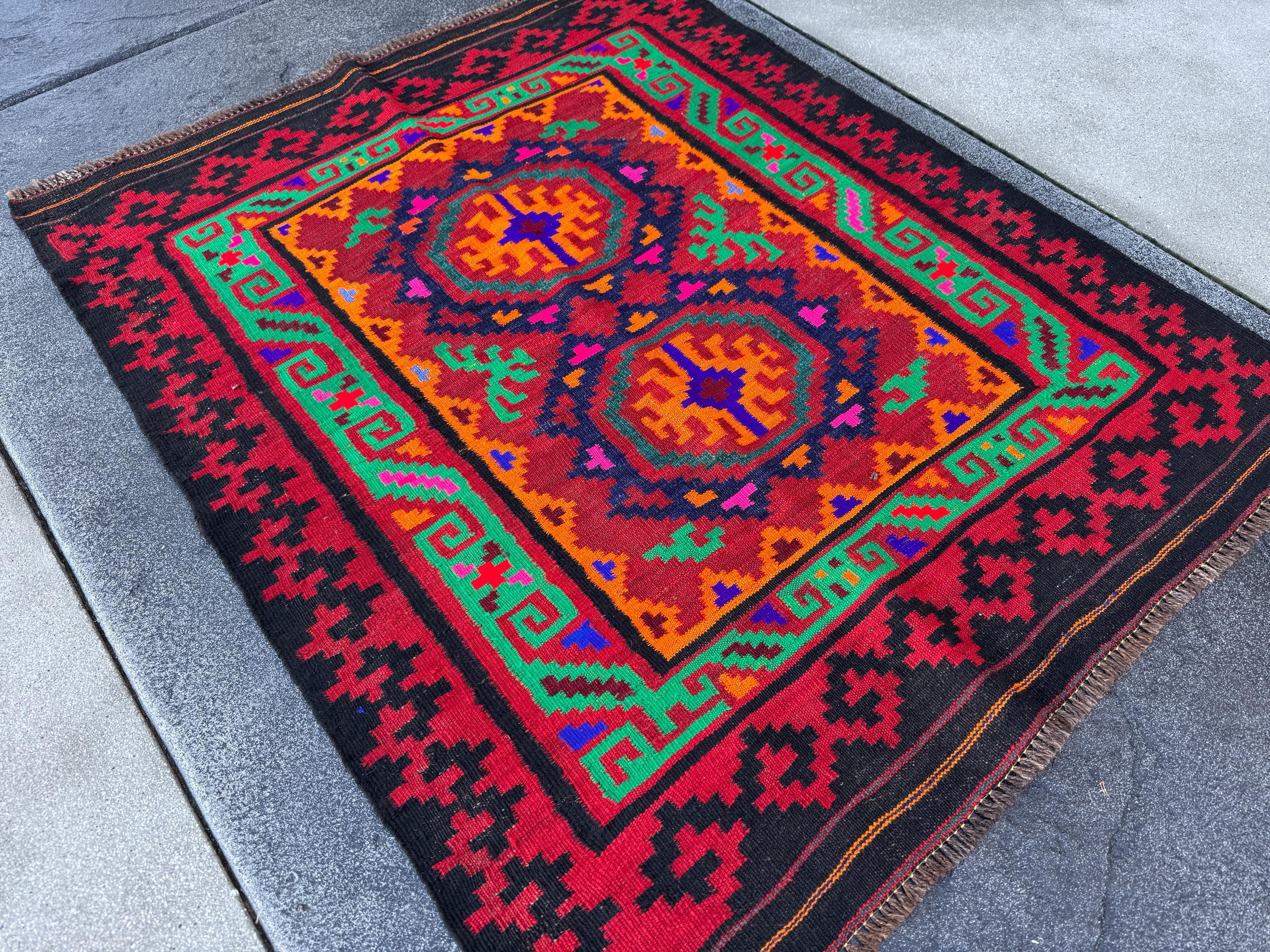 3x4 (91x121) Handmade Afghan Kilim Rug | Black Crimson Red Fuchsia Pink Orange Royal Navy Midnight Blue Forest Emerald Green Burgundy | Wool