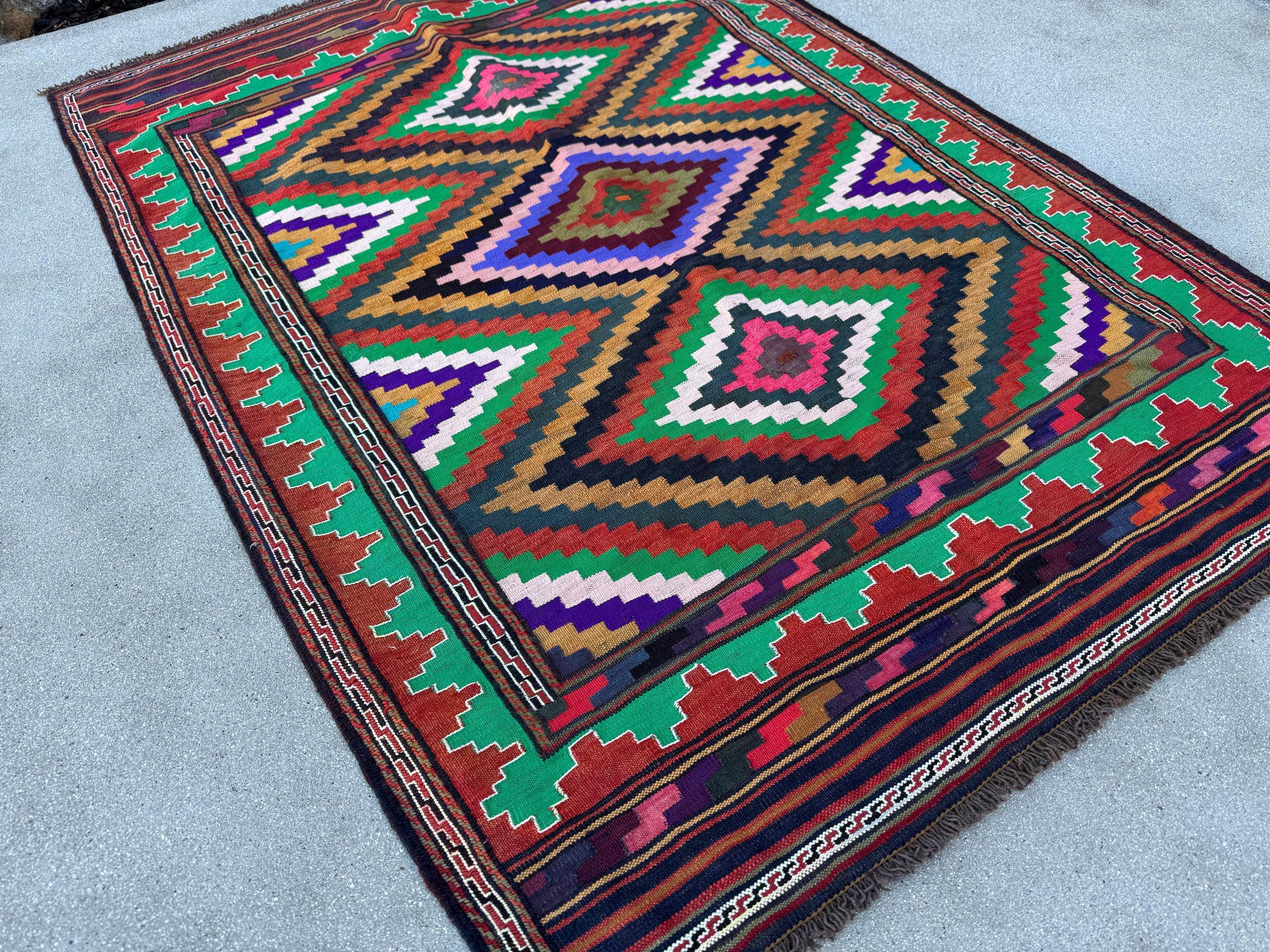 3x5 Handmade Afghan Kilim Rug | Emerald Pine Forest Moss Green White Blood Red Black Pink Caramel Mustard Yellow Black Purple Aqua Grey Wool