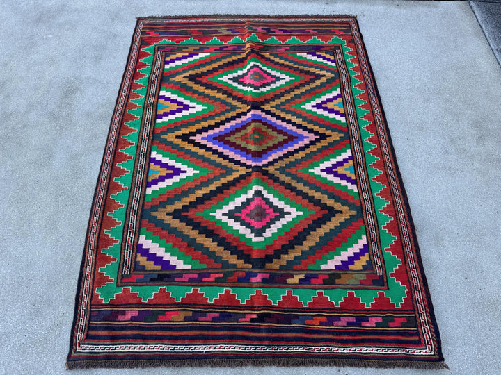 3x5 Handmade Afghan Kilim Rug | Emerald Pine Forest Moss Green White Blood Red Black Pink Caramel Mustard Yellow Black Purple Aqua Grey Wool