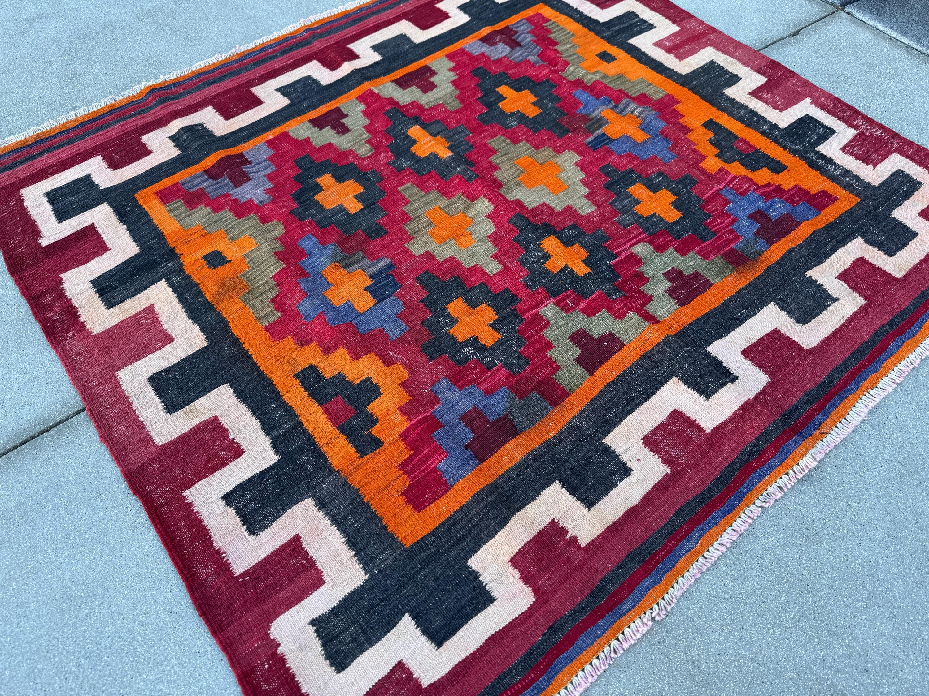 4x5 Handmade Afghan Kilim Rug | Brick Cherry Garnet Crimson Red Orange Black Grey White Cream Denim Blue Maroon Sage Green Taupe | Wool