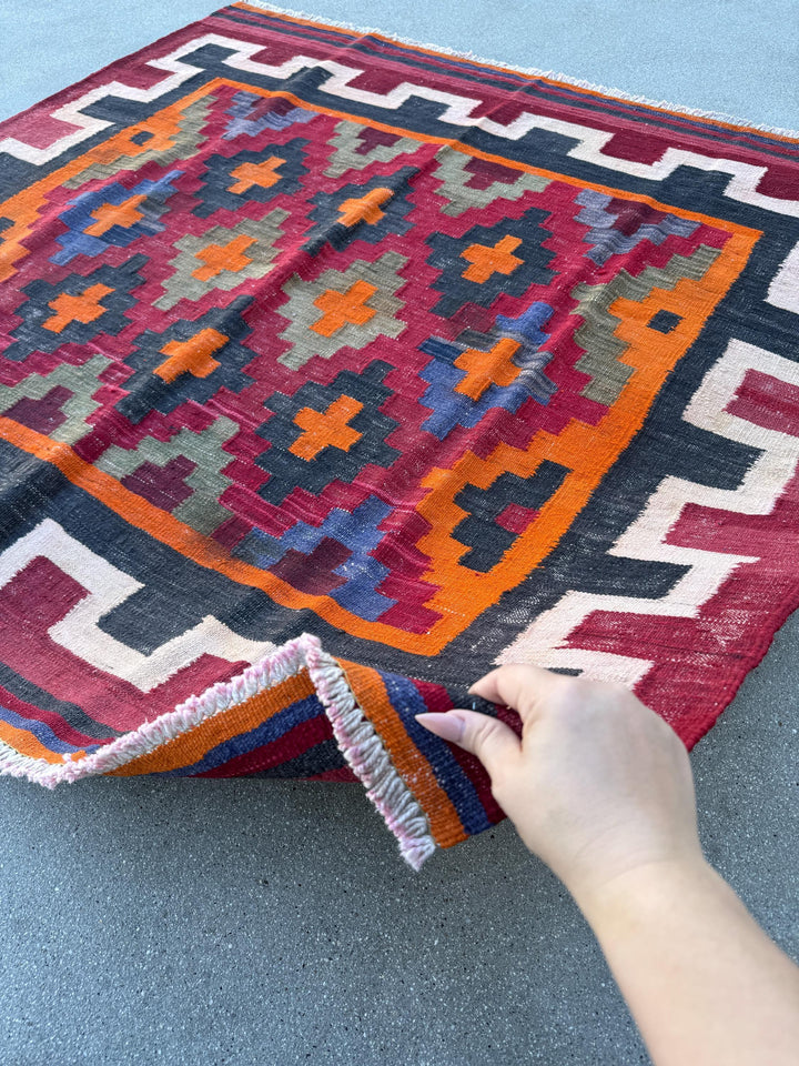 4x5 Handmade Afghan Kilim Rug | Brick Cherry Garnet Crimson Red Orange Black Grey White Cream Denim Blue Maroon Sage Green Taupe | Wool