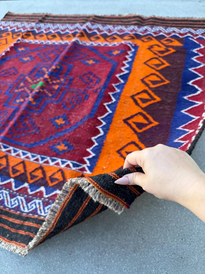 4x5 (121x152) Handmade Afghan Kilim Rug | Crimson Blood Red Black Blue White Ivory Orange Burgundy Plum Burgundy Emerald Green | Wool