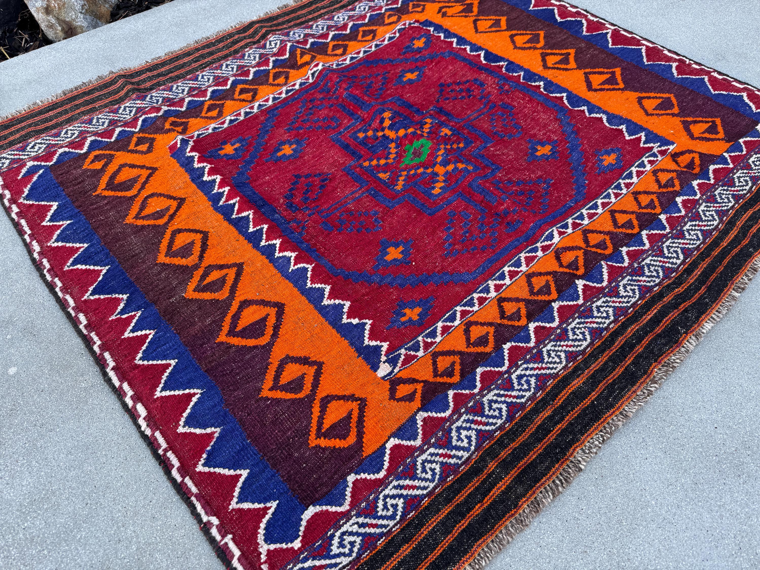 4x5 (121x152) Handmade Afghan Kilim Rug | Crimson Blood Red Black Blue White Ivory Orange Burgundy Plum Burgundy Emerald Green | Wool
