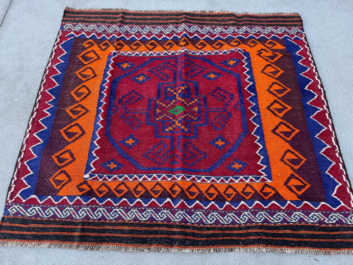 4x5 (121x152) Handmade Afghan Kilim Rug | Crimson Blood Red Black Blue White Ivory Orange Burgundy Plum Burgundy Emerald Green | Wool