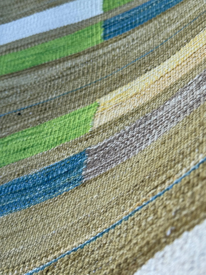 8x11 Handmade Afghan Kilim Rug | Chartreuse Pine Olive Moss Green Denim Prussian Baby Blue Grey Gray White Cornsilk Yellow Beige Taupe Wool