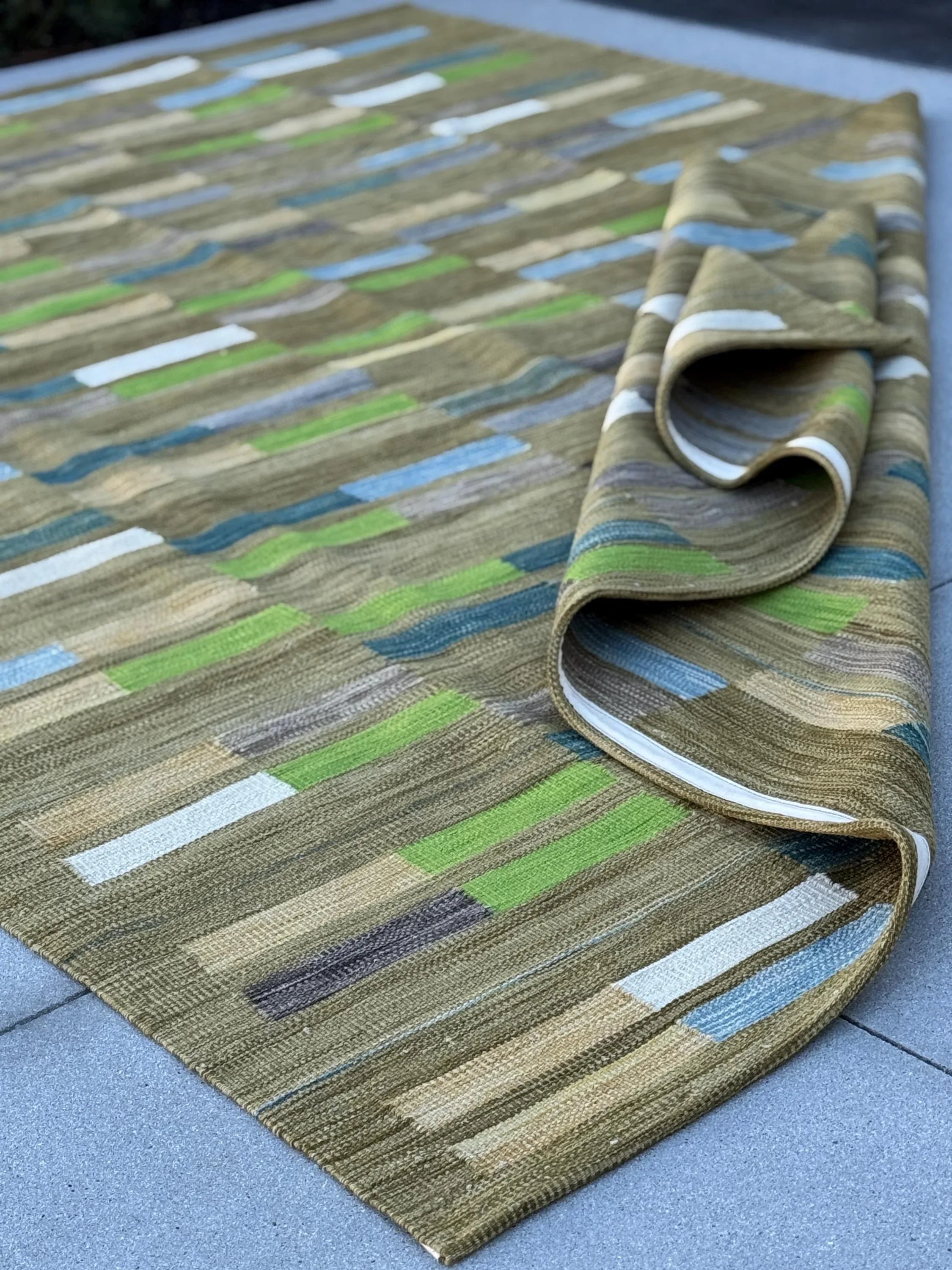 8x11 Handmade Afghan Kilim Rug | Chartreuse Pine Olive Moss Green Denim Prussian Baby Blue Grey Gray White Cornsilk Yellow Beige Taupe Wool