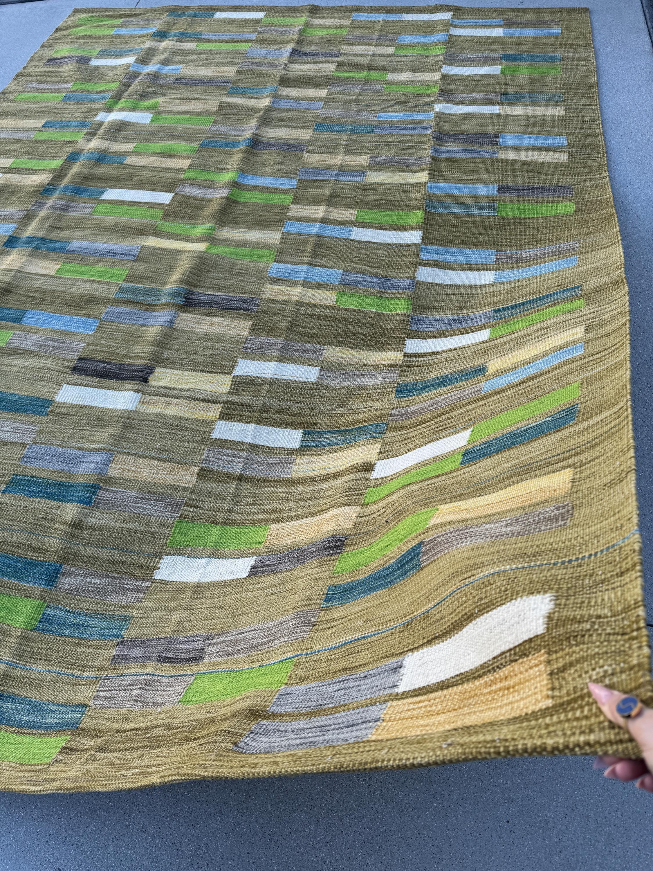 8x11 Handmade Afghan Kilim Rug | Chartreuse Pine Olive Moss Green Denim Prussian Baby Blue Grey Gray White Cornsilk Yellow Beige Taupe Wool