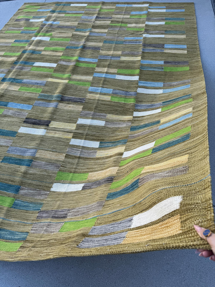 8x11 Handmade Afghan Kilim Rug | Chartreuse Pine Olive Moss Green Denim Prussian Baby Blue Grey Gray White Cornsilk Yellow Beige Taupe Wool