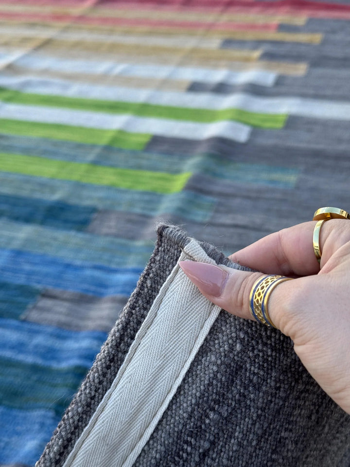 8x10 Handmade Afghan Kilim Rug | Grey Pink Orange Gold Yellow Teal Olive Green Sky Navy Aqua Blue White | Wool Handwoven Handknotted