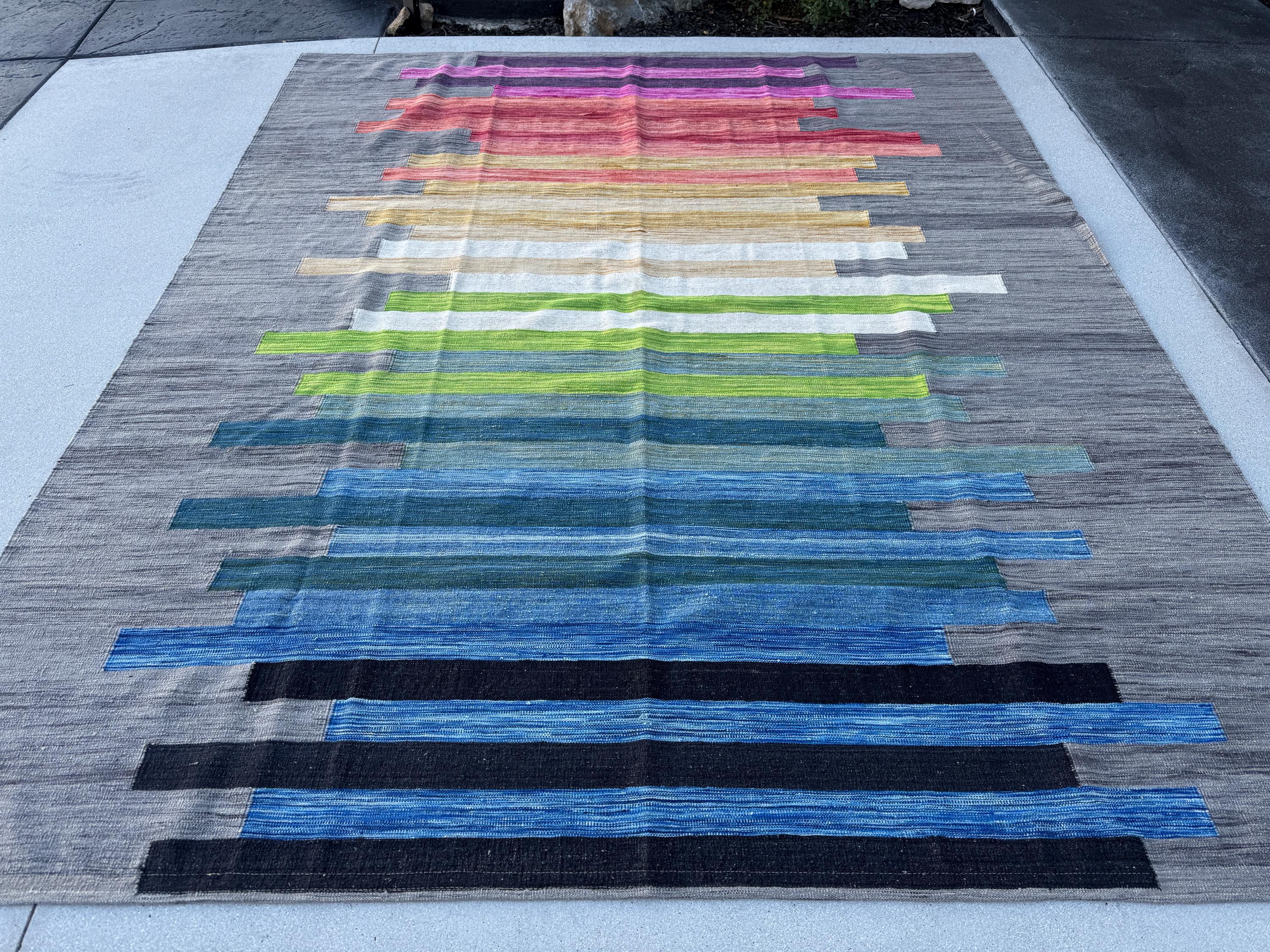 8x10 Handmade Afghan Kilim Rug | Grey Pink Orange Gold Yellow Teal Olive Green Sky Navy Aqua Blue White | Wool Handwoven Handknotted