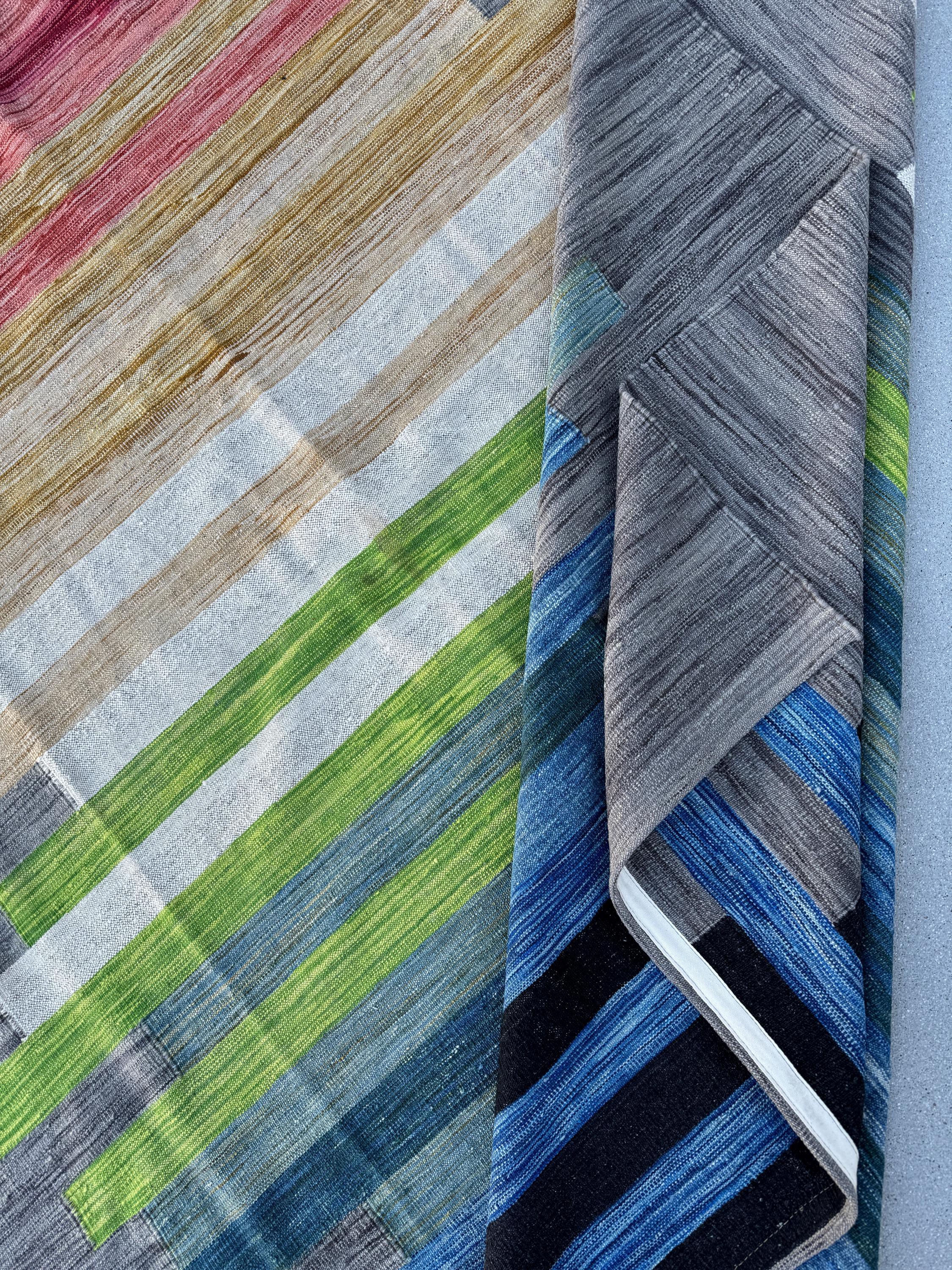 8x10 Handmade Afghan Kilim Rug | Grey Pink Orange Gold Yellow Teal Olive Green Sky Navy Aqua Blue White | Wool Handwoven Handknotted