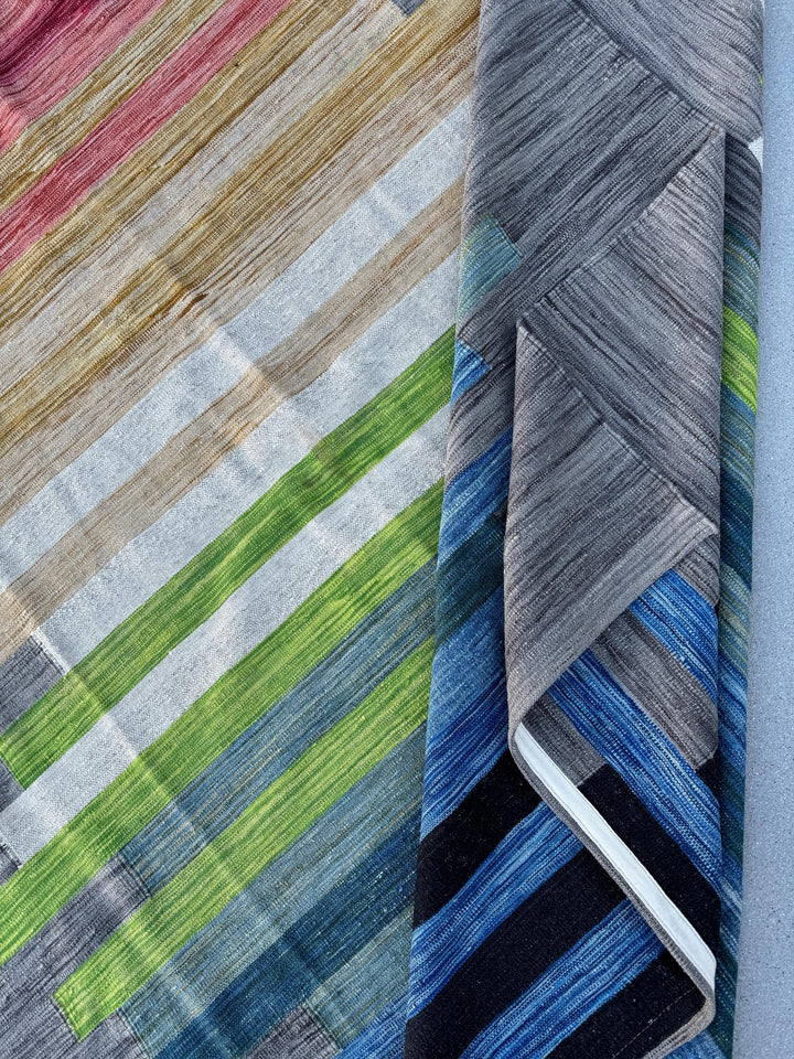 8x10 Handmade Afghan Kilim Rug | Grey Pink Orange Gold Yellow Teal Olive Green Sky Navy Aqua Blue White | Wool Handwoven Handknotted
