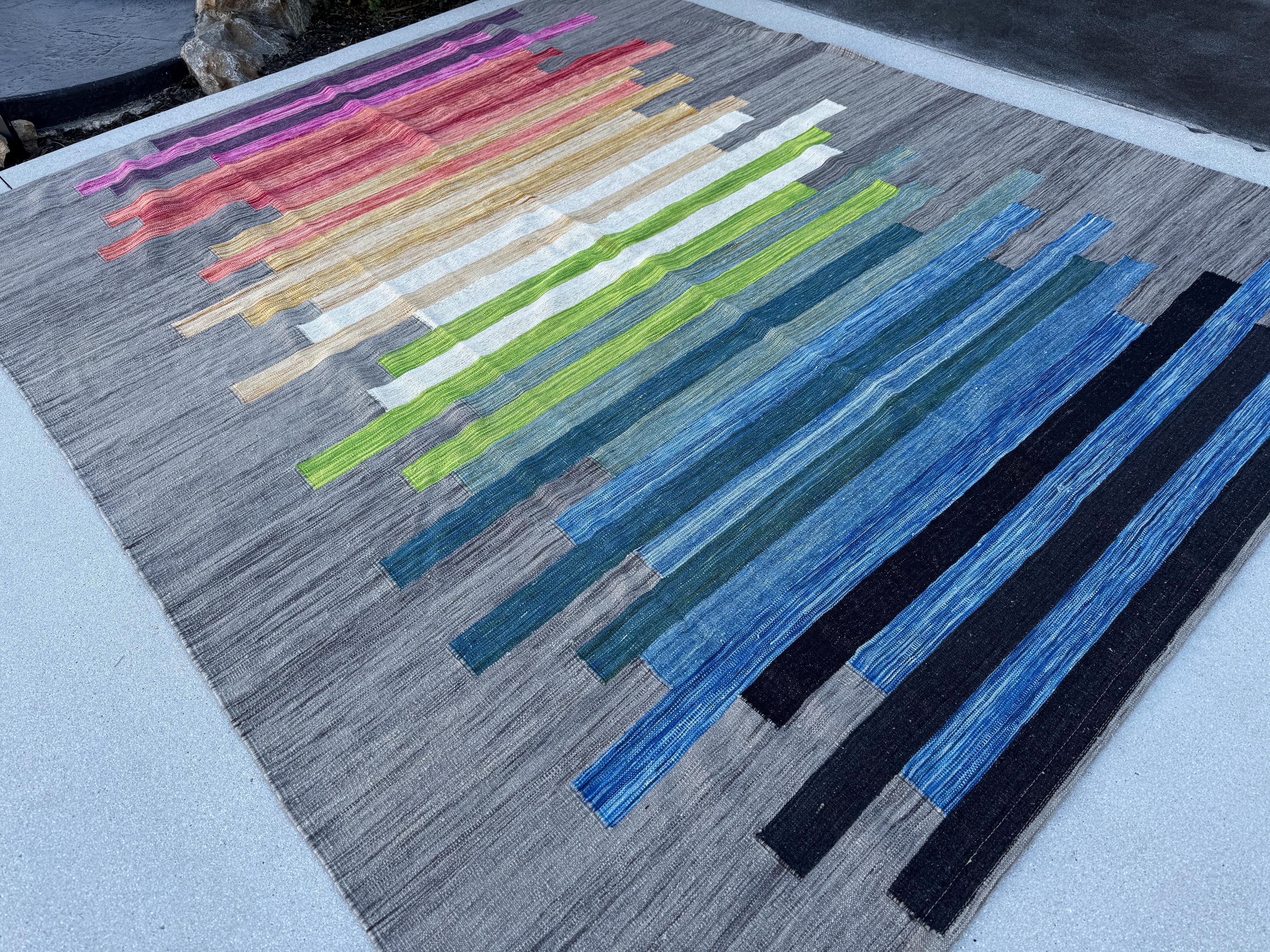 8x10 Handmade Afghan Kilim Rug | Grey Pink Orange Gold Yellow Teal Olive Green Sky Navy Aqua Blue White | Wool Handwoven Handknotted