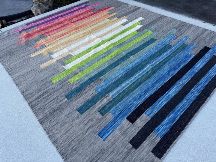 8x10 Handmade Afghan Kilim Rug | Grey Pink Orange Gold Yellow Teal Olive Green Sky Navy Aqua Blue White | Wool Handwoven Handknotted