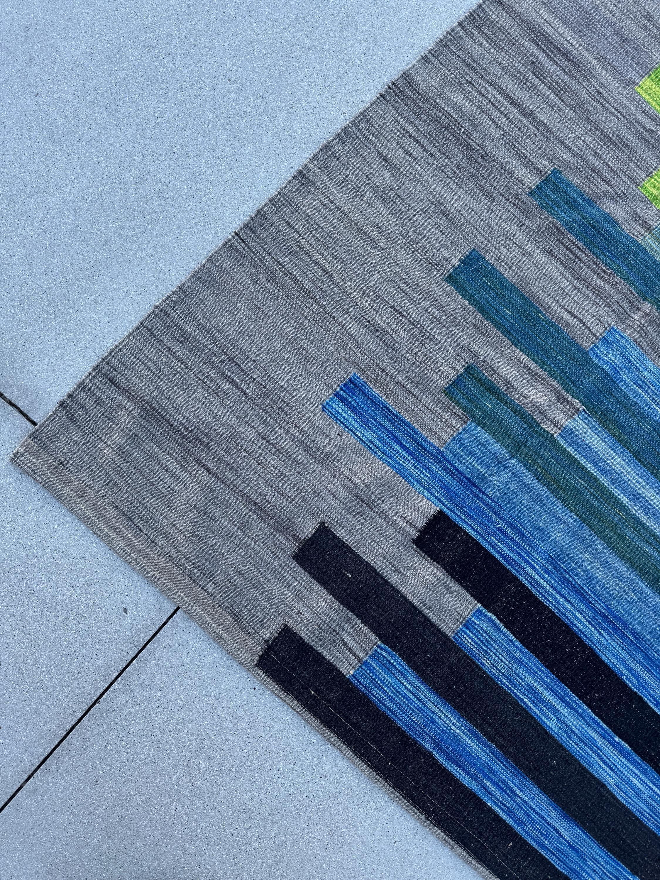 8x10 Handmade Afghan Kilim Rug | Grey Pink Orange Gold Yellow Teal Olive Green Sky Navy Aqua Blue White | Wool Handwoven Handknotted