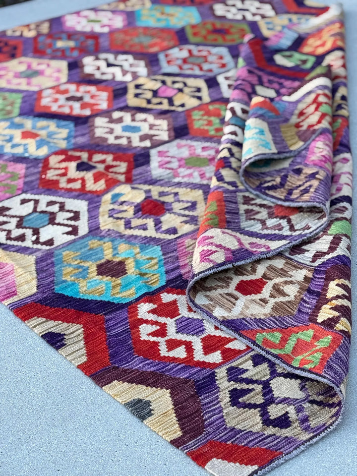 6x8 (182x243) Handmade Afghan Kilim Rug | Purple Fuchsia Violet Eggplant Plum Cornsilk Cream Orange Green Grey Pink Denim Blue Aqua Red