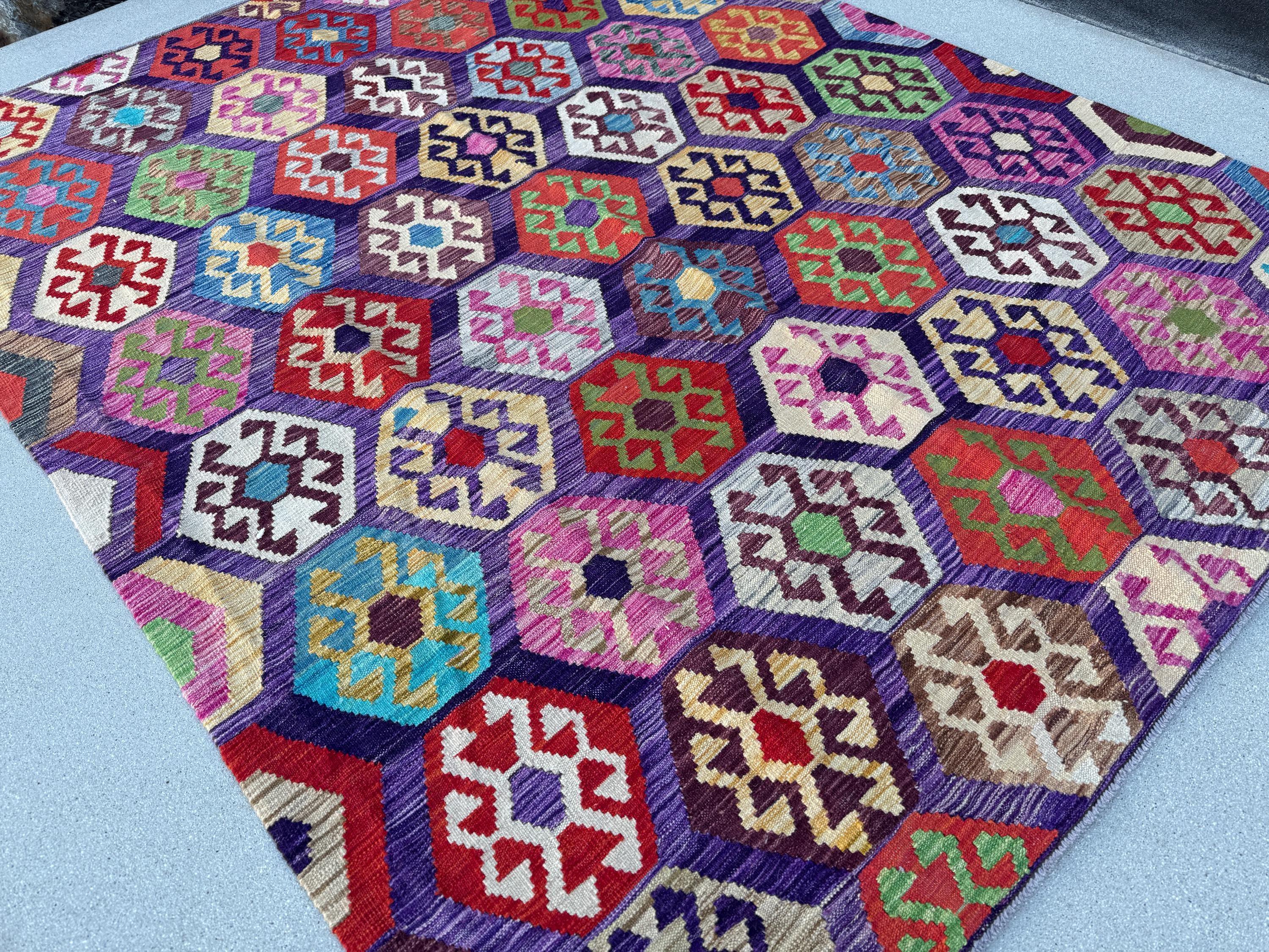 6x8 (182x243) Handmade Afghan Kilim Rug | Purple Fuchsia Violet Eggplant Plum Cornsilk Cream Orange Green Grey Pink Denim Blue Aqua Red