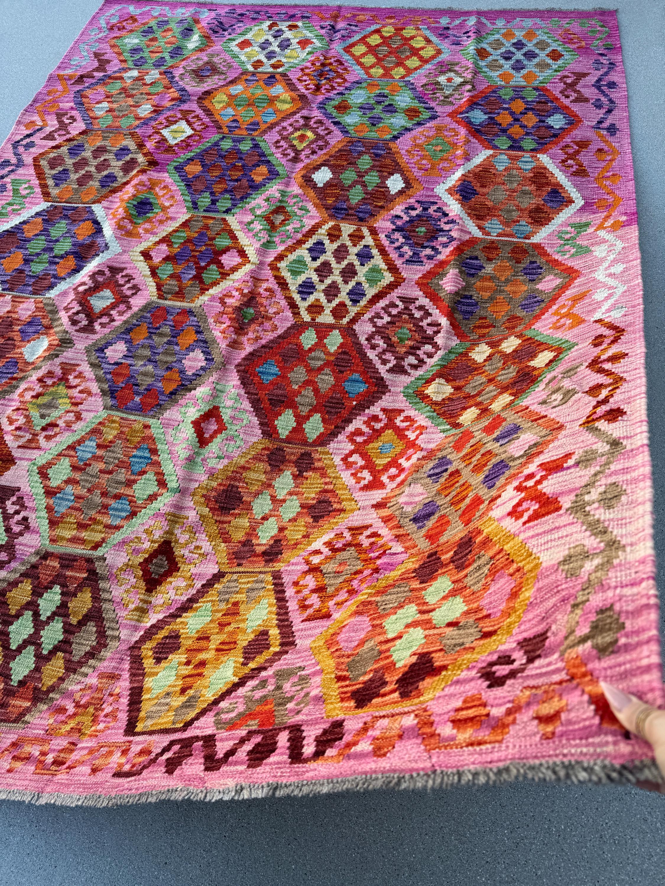 6x8 (182x243) Handmade Afghan Kilim Rug | Pink Fuchsia Rose Blush Red Forest Mint Green Burgundy Maroon Purple Blue Orange Beige Denim Wool