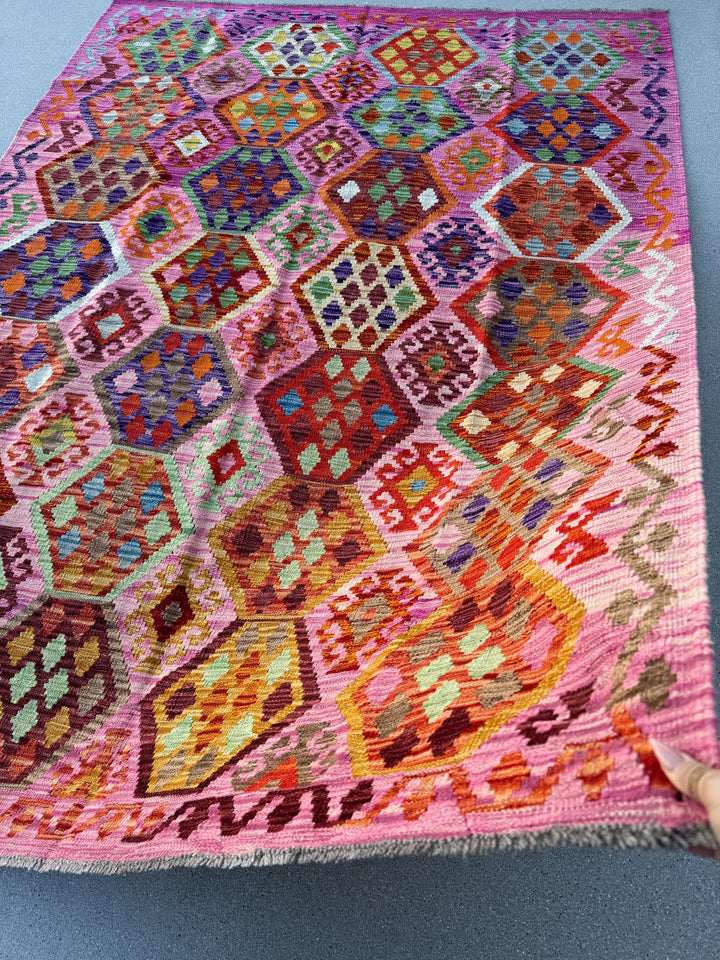 6x8 (182x243) Handmade Afghan Kilim Rug | Pink Fuchsia Rose Blush Red Forest Mint Green Burgundy Maroon Purple Blue Orange Beige Denim Wool