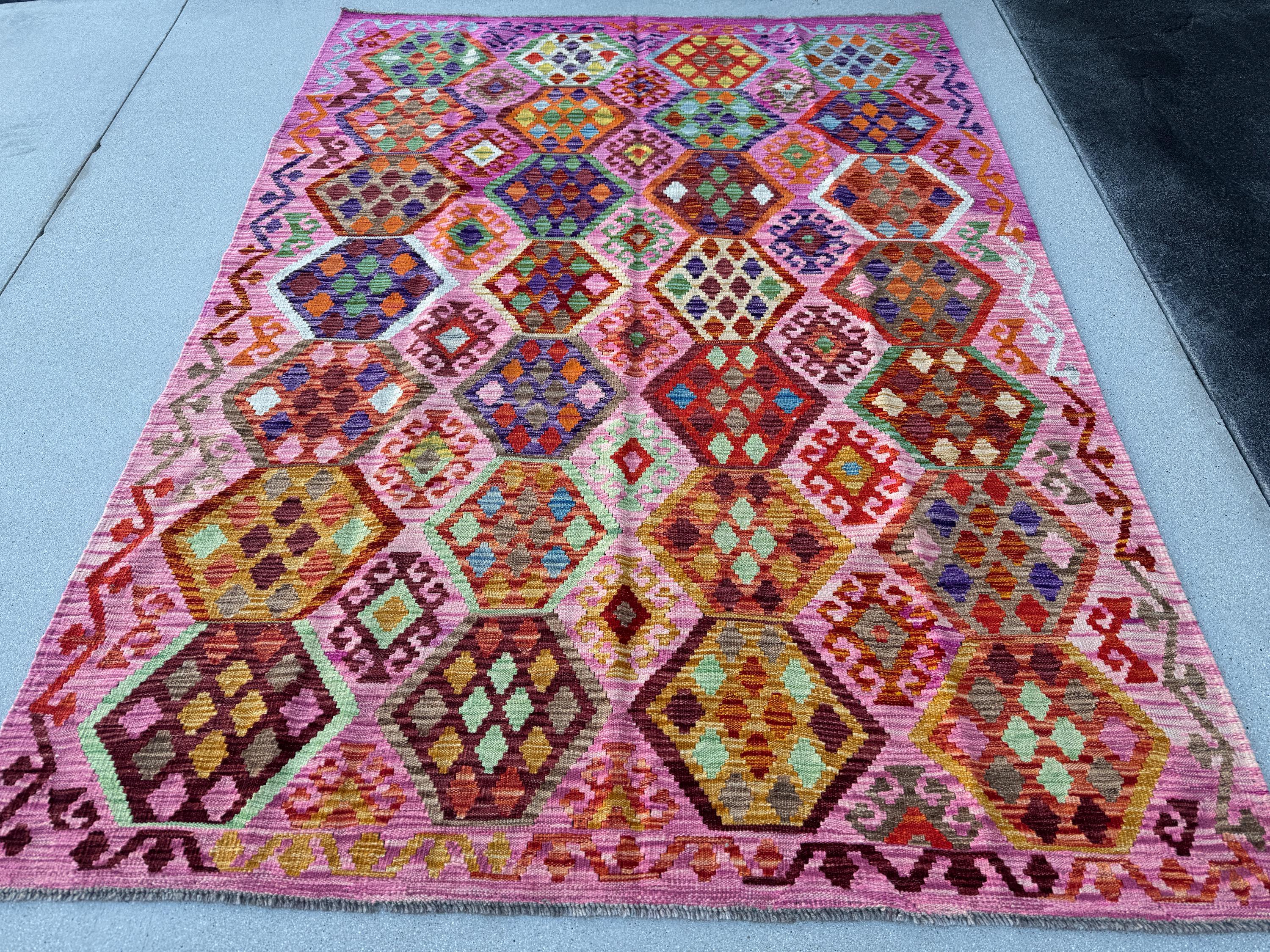 6x8 (182x243) Handmade Afghan Kilim Rug | Pink Fuchsia Rose Blush Red Forest Mint Green Burgundy Maroon Purple Blue Orange Beige Denim Wool