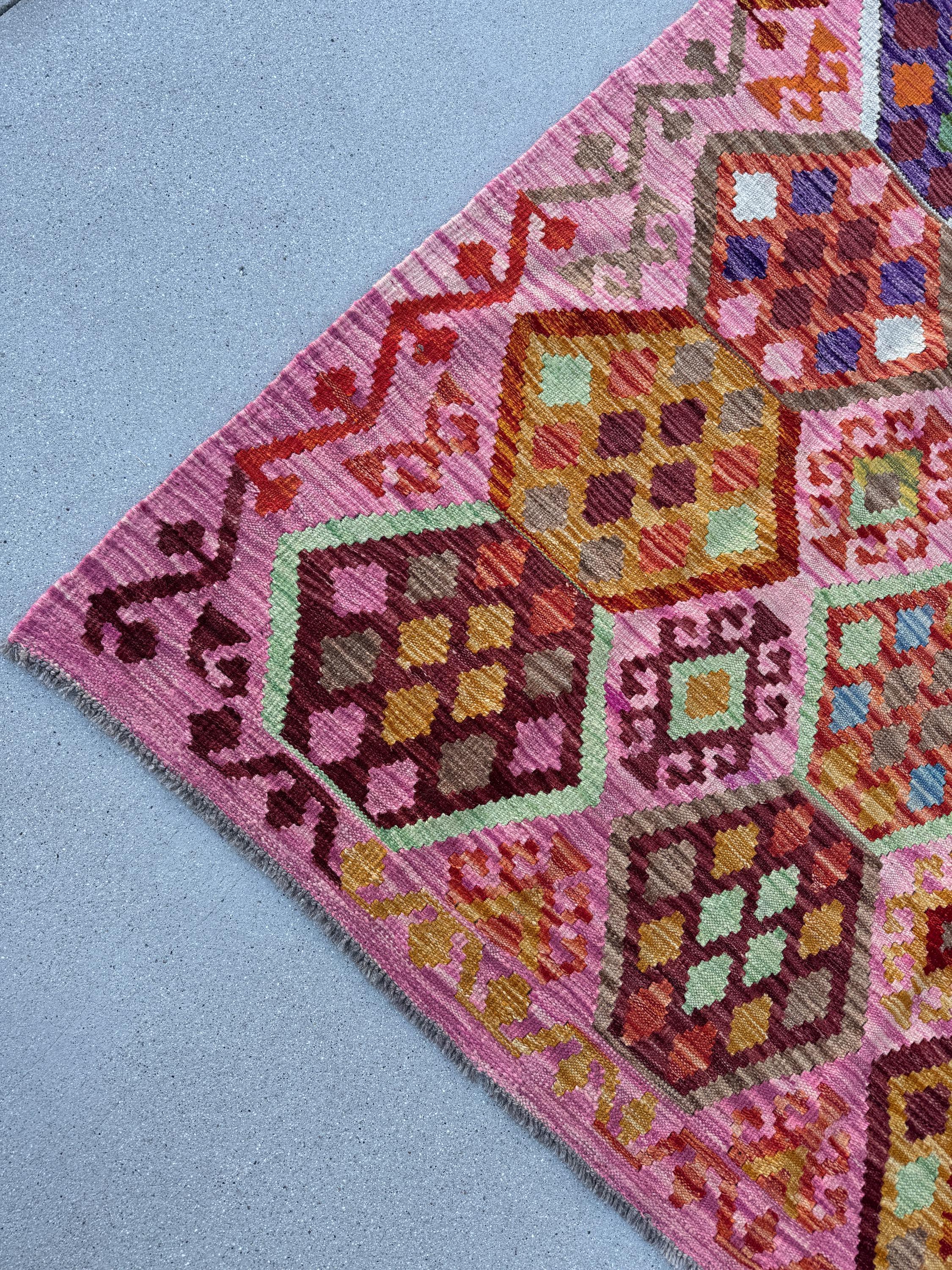 6x8 (182x243) Handmade Afghan Kilim Rug | Pink Fuchsia Rose Blush Red Forest Mint Green Burgundy Maroon Purple Blue Orange Beige Denim Wool