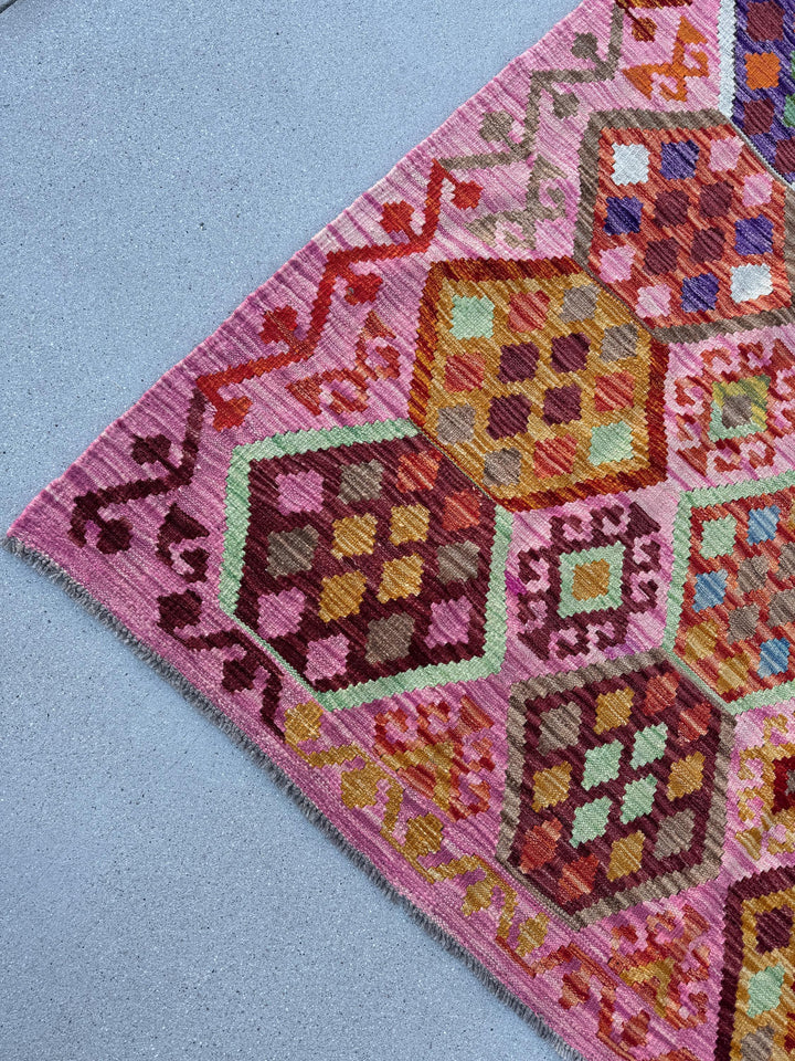 6x8 (182x243) Handmade Afghan Kilim Rug | Pink Fuchsia Rose Blush Red Forest Mint Green Burgundy Maroon Purple Blue Orange Beige Denim Wool