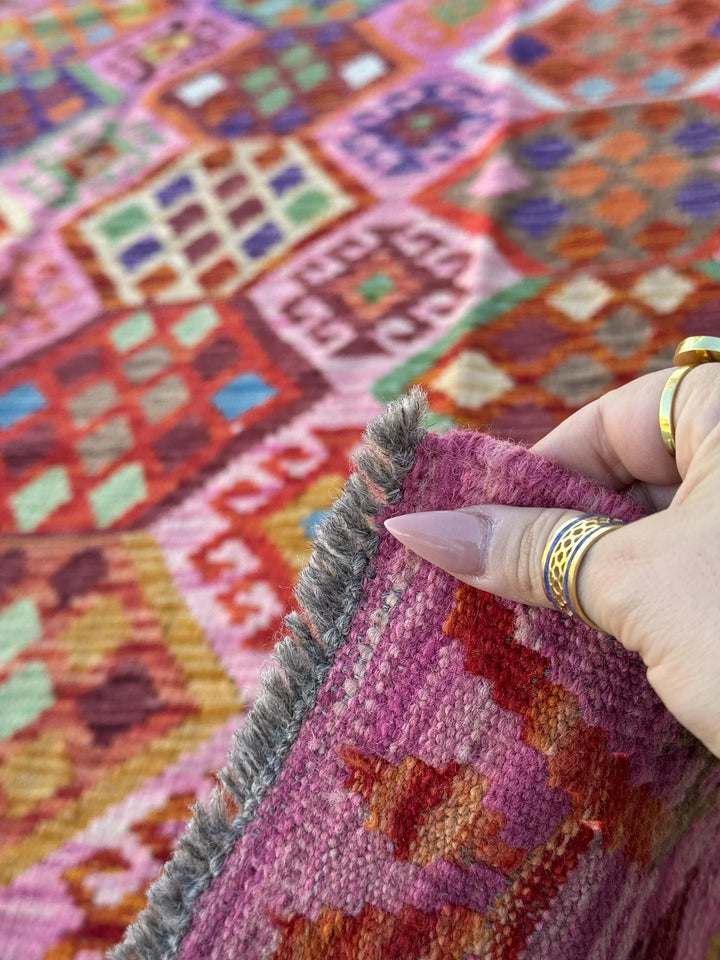 6x8 (182x243) Handmade Afghan Kilim Rug | Pink Fuchsia Rose Blush Red Forest Mint Green Burgundy Maroon Purple Blue Orange Beige Denim Wool