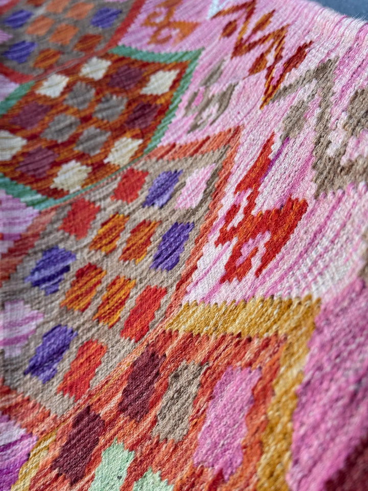 6x8 (182x243) Handmade Afghan Kilim Rug | Pink Fuchsia Rose Blush Red Forest Mint Green Burgundy Maroon Purple Blue Orange Beige Denim Wool