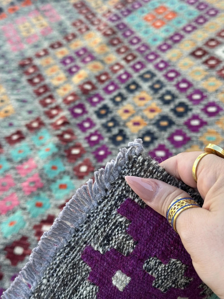 8x10 (243x304) Handmade Afghan Kilim Rug | Grey Purple Orange Peach Burnt Maroon Black Teal Aqua Blue Baby Pink White | Wool Flatweave