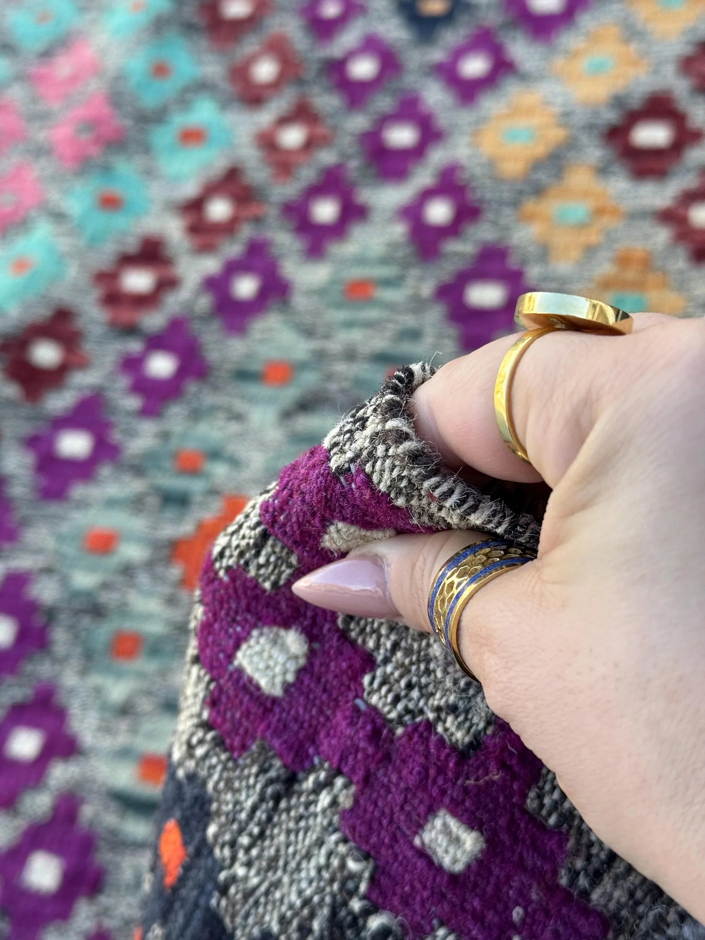 8x10 (243x304) Handmade Afghan Kilim Rug | Grey Purple Orange Peach Burnt Maroon Black Teal Aqua Blue Baby Pink White | Wool Flatweave