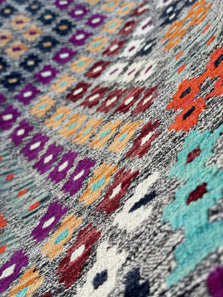 8x10 (243x304) Handmade Afghan Kilim Rug | Grey Purple Orange Peach Burnt Maroon Black Teal Aqua Blue Baby Pink White | Wool Flatweave