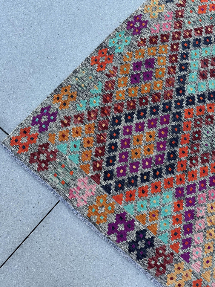 8x10 (243x304) Handmade Afghan Kilim Rug | Grey Purple Orange Peach Burnt Maroon Black Teal Aqua Blue Baby Pink White | Wool Flatweave