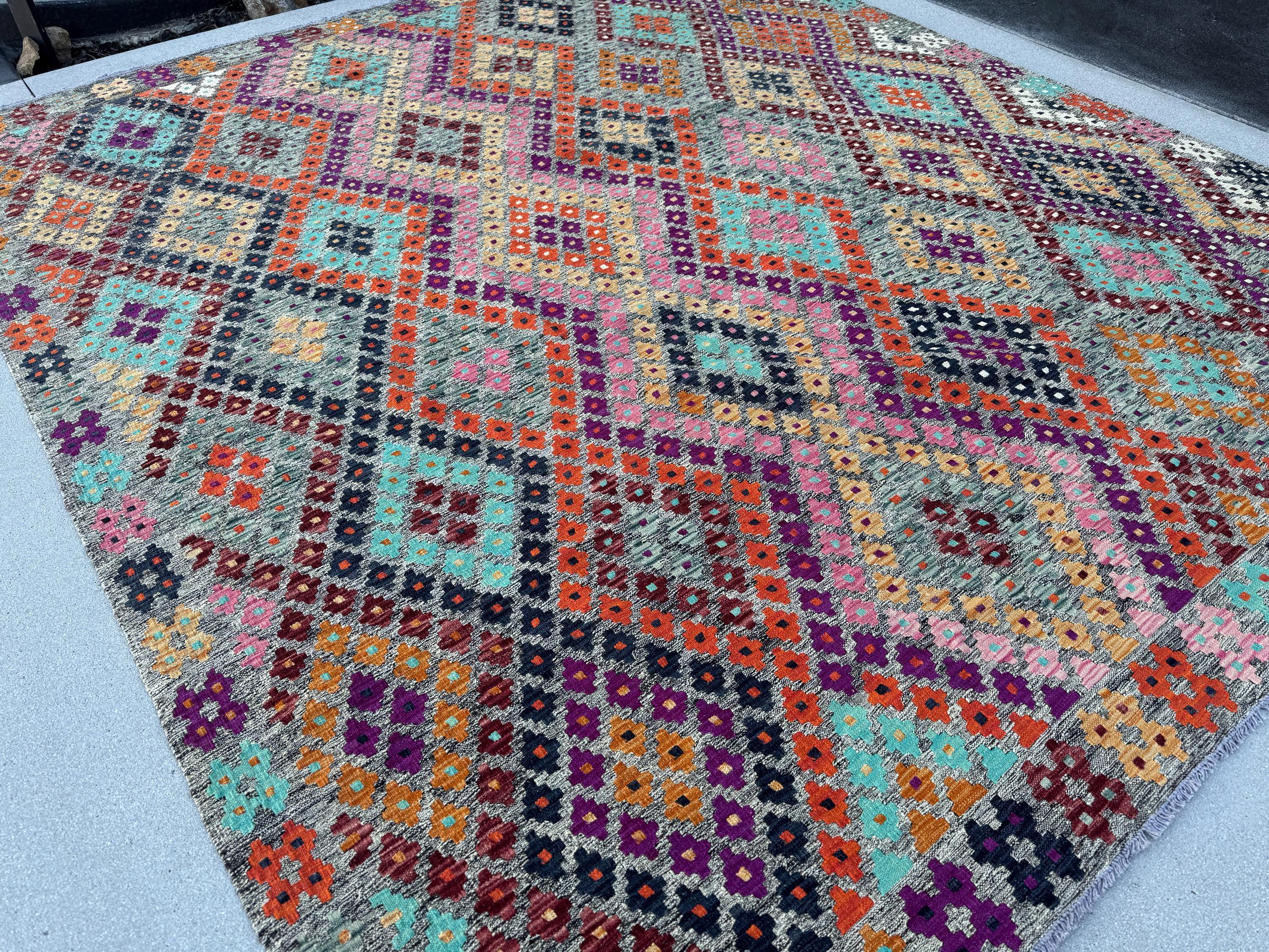 8x10 (243x304) Handmade Afghan Kilim Rug | Grey Purple Orange Peach Burnt Maroon Black Teal Aqua Blue Baby Pink White | Wool Flatweave