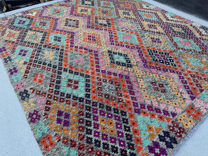 8x10 (243x304) Handmade Afghan Kilim Rug | Grey Purple Orange Peach Burnt Maroon Black Teal Aqua Blue Baby Pink White | Wool Flatweave