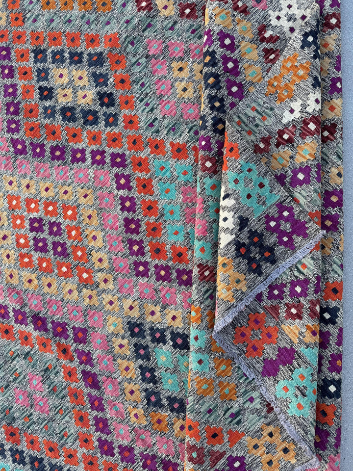 8x10 (243x304) Handmade Afghan Kilim Rug | Grey Purple Orange Peach Burnt Maroon Black Teal Aqua Blue Baby Pink White | Wool Flatweave