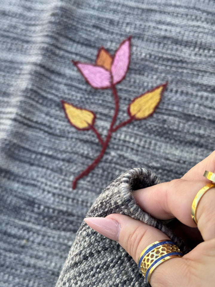 7x10 (213x304) Handmade Afghan Kilim Rug | Grey Gray Blush Rose Pink Red Burgundy Gold Yellow Blue | Wool Flatweave Floral Handwoven Accents