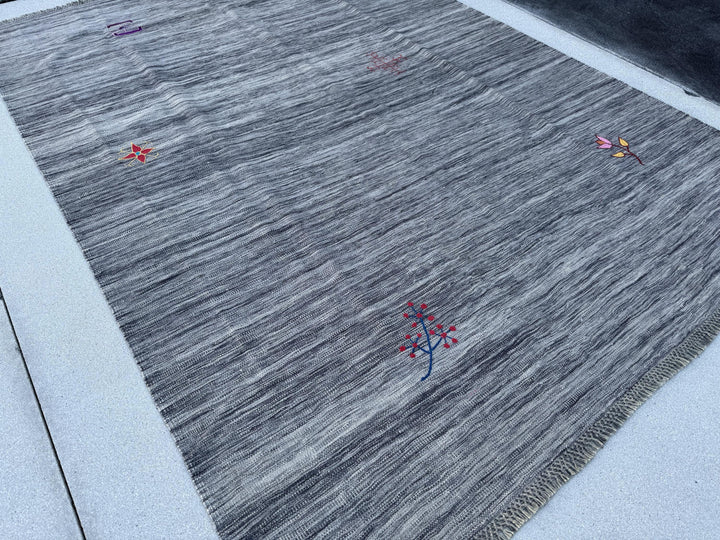 7x10 (213x304) Handmade Afghan Kilim Rug | Grey Gray Blush Rose Pink Red Burgundy Gold Yellow Blue | Wool Flatweave Floral Handwoven Accents