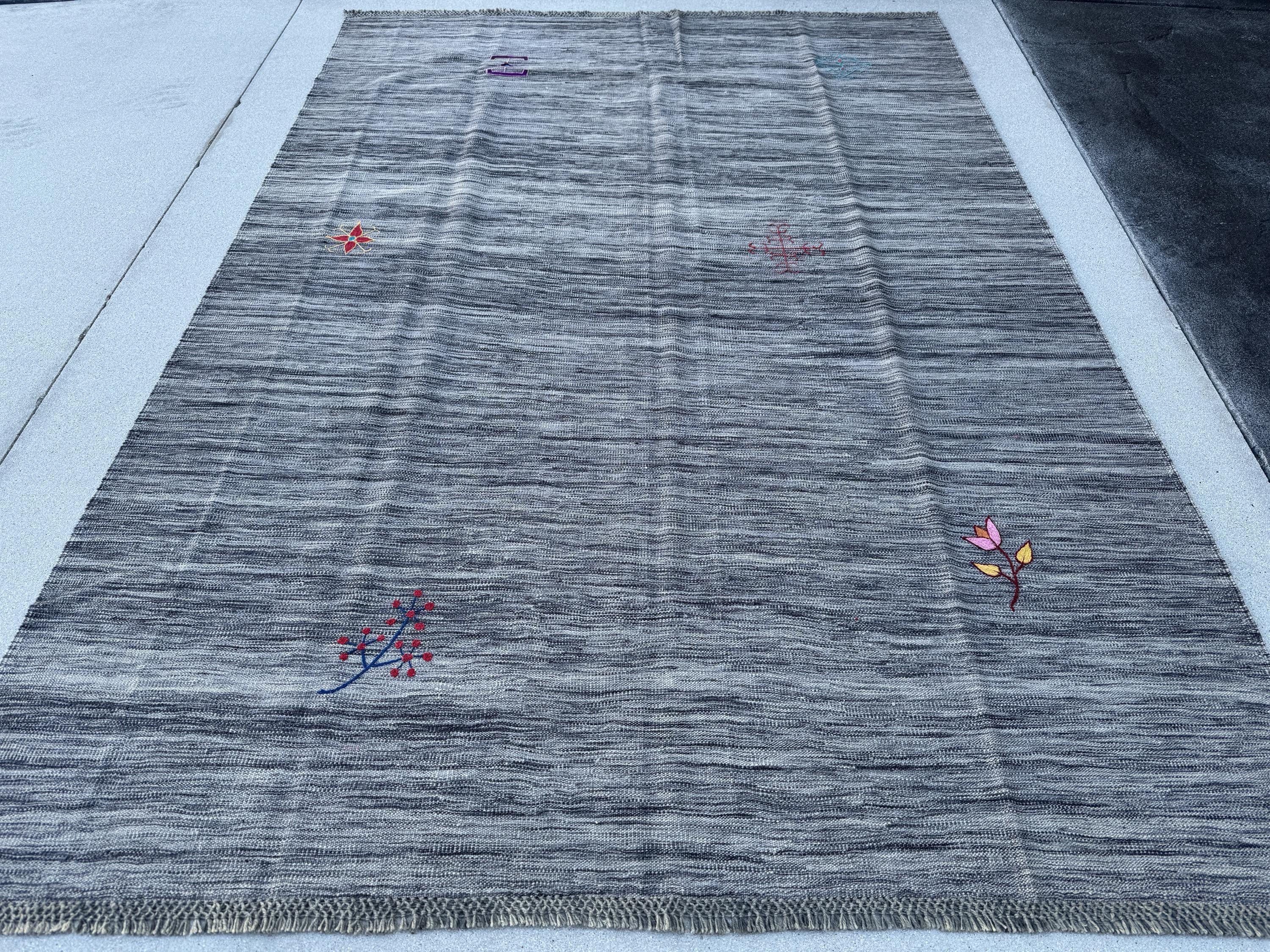 7x10 (213x304) Handmade Afghan Kilim Rug | Grey Gray Blush Rose Pink Red Burgundy Gold Yellow Blue | Wool Flatweave Floral Handwoven Accents