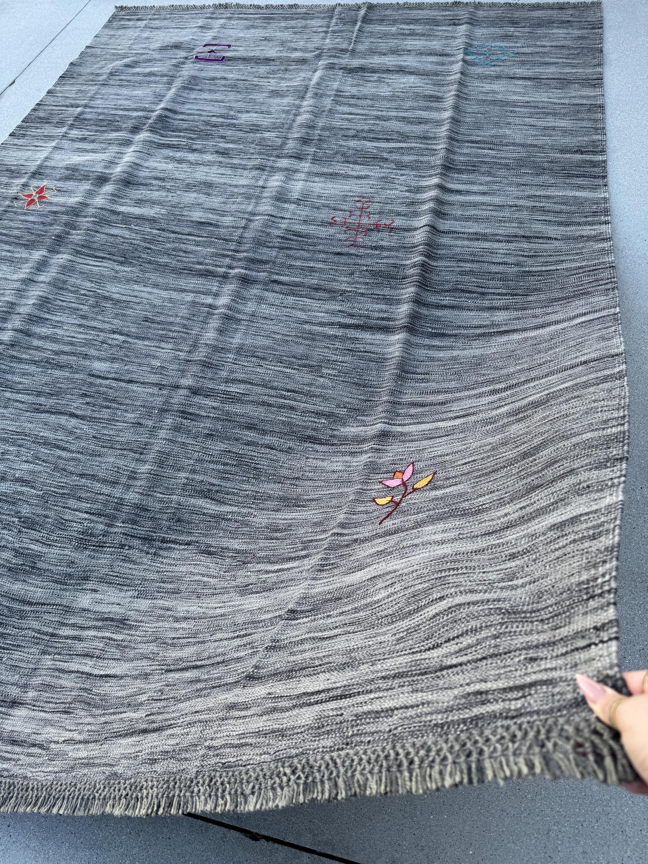 7x10 (213x304) Handmade Afghan Kilim Rug | Grey Gray Blush Rose Pink Red Burgundy Gold Yellow Blue | Wool Flatweave Floral Handwoven Accents