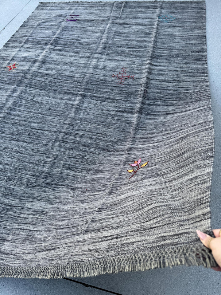 7x10 (213x304) Handmade Afghan Kilim Rug | Grey Gray Blush Rose Pink Red Burgundy Gold Yellow Blue | Wool Flatweave Floral Handwoven Accents