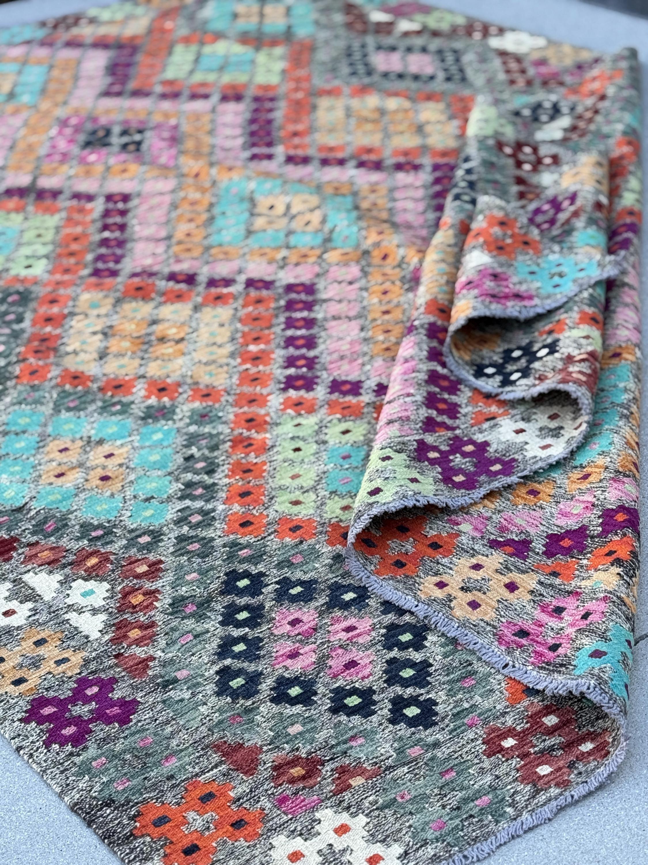 7x10 Handmade Afghan Kilim Rug | Grey Aqua Navy Midnight Blue Black Burgundy Red Fuchsia Baby Blush Pink White Saffron Peach Orange Mint