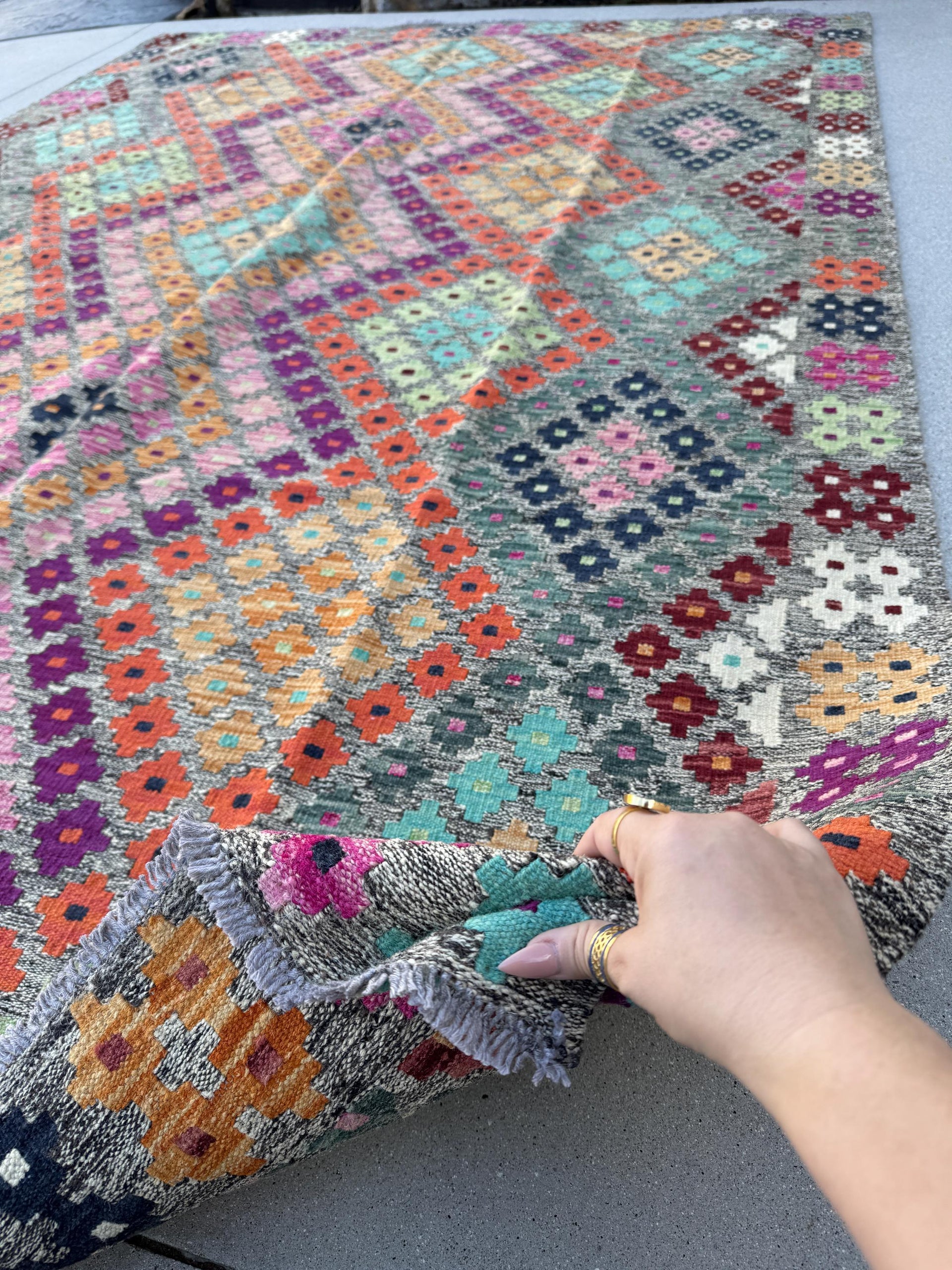 7x10 Handmade Afghan Kilim Rug | Grey Aqua Navy Midnight Blue Black Burgundy Red Fuchsia Baby Blush Pink White Saffron Peach Orange Mint