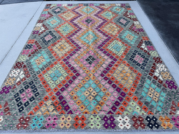 7x10 Handmade Afghan Kilim Rug | Grey Aqua Navy Midnight Blue Black Burgundy Red Fuchsia Baby Blush Pink White Saffron Peach Orange Mint