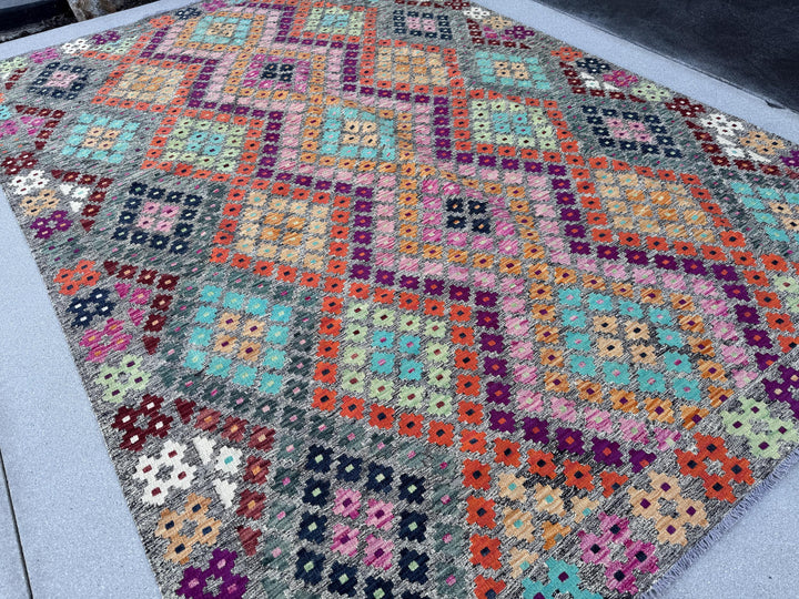 7x10 Handmade Afghan Kilim Rug | Grey Aqua Navy Midnight Blue Black Burgundy Red Fuchsia Baby Blush Pink White Saffron Peach Orange Mint