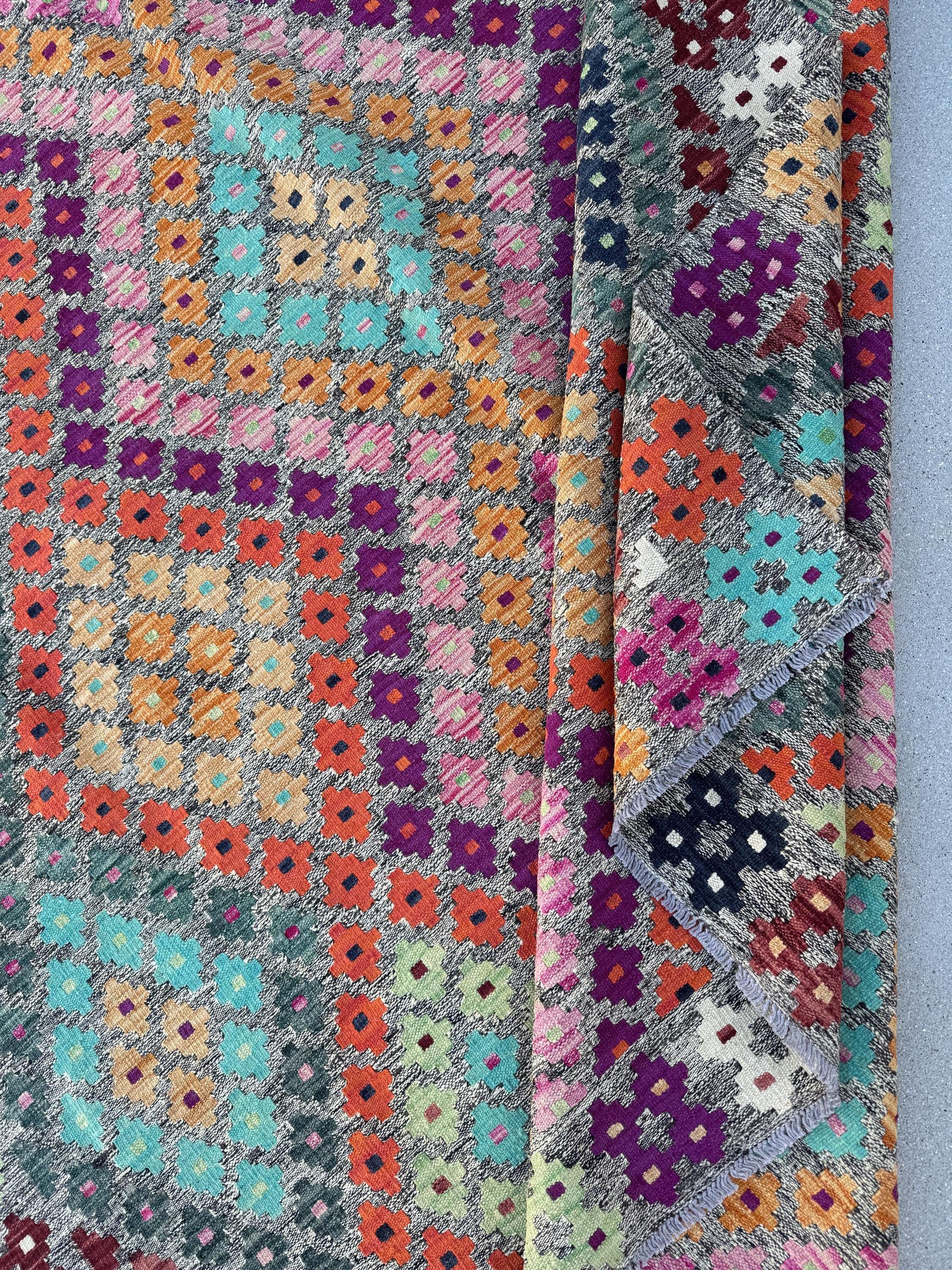 7x10 Handmade Afghan Kilim Rug | Grey Aqua Navy Midnight Blue Black Burgundy Red Fuchsia Baby Blush Pink White Saffron Peach Orange Mint