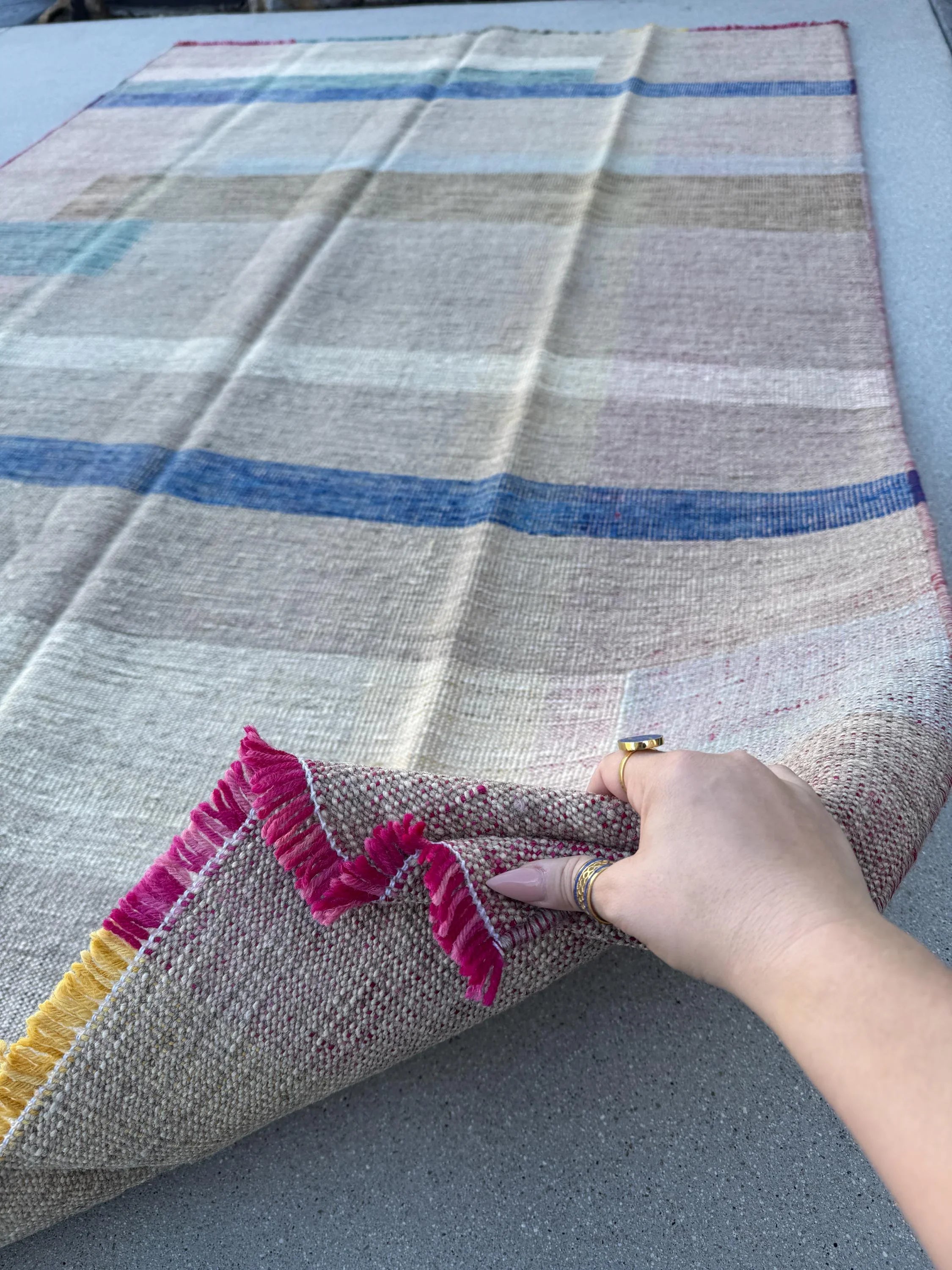 5x8 (152x243) Handmade Afghan Kilim Rug | Beige Tan Sand Brown Denim Royal Teal Powder Blue Pink Fuchsia Yellow Cream Taupe | Wool Flatweave