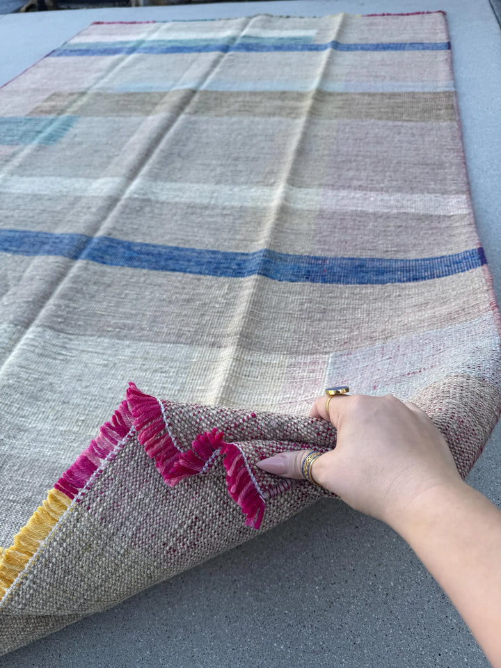 5x8 (152x243) Handmade Afghan Kilim Rug | Beige Tan Sand Brown Denim Royal Teal Powder Blue Pink Fuchsia Yellow Cream Taupe | Wool Flatweave
